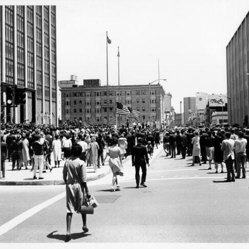 [Crowd of people outside the Federal Building on Golden Gate Avenue]