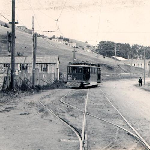 [Market Street Railway Company 25 line streetcar at San Bruno Avenue and Cortland]