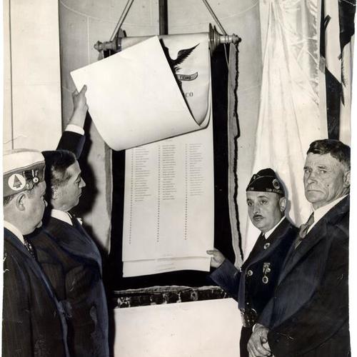 [Dedication of scroll bearing names of San Franciscans killed in combat at the Veterans' War Memorial Building]