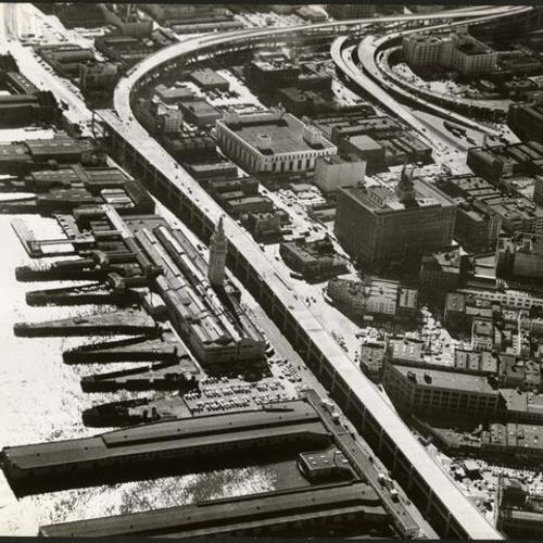 [Aerial view of Embarcadero Freeway and Ferry Building]