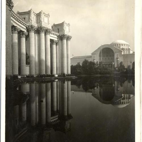 [Colonnades and Lagoon of Palace of Fine Arts;  Entrance of Palace of Education.]