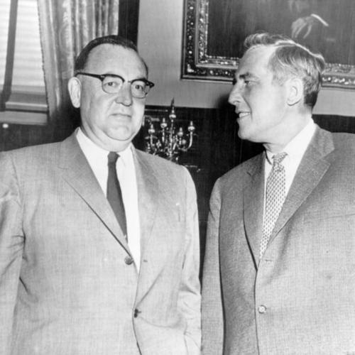 [California Governor-elect Edmund "Pat" Brown (left) meets with New Jersey Gov. Robert B. Meyner during Brown's eastern trip]