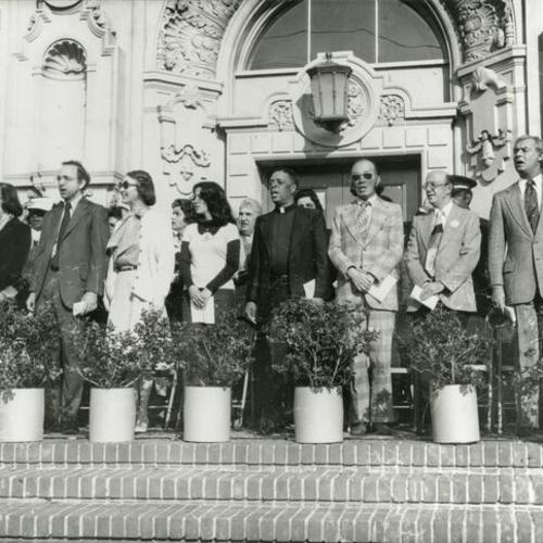 [Mayor Moscone with group at Mission High School re-dedication]