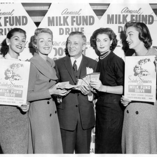 [Attorney Jake W. Ehrlich and aides, Pat Carmen, Jean Emery, Molly Timbrook and Ellen Voeth appealing for community participation in milk fund drive]