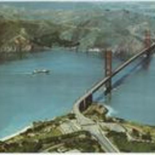 [Aerial view of Golden Gate Bridge, Fort Point, Toll Plaza, and Marin County]