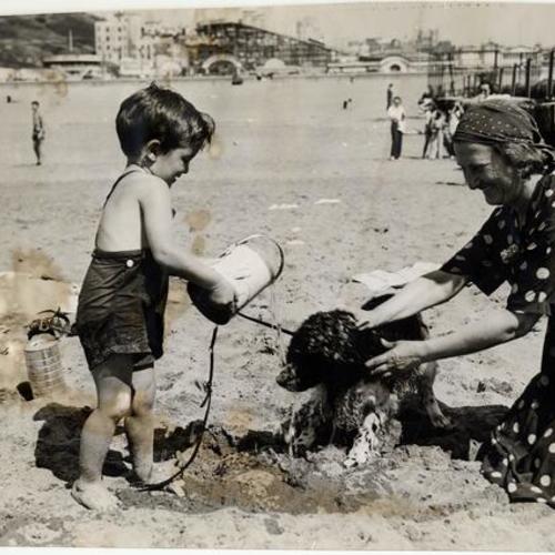 [Woman and a child playing with a dog at Ocean Beach]