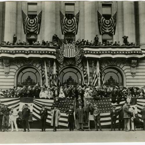 [A civic gathering in front of City Hall, probably Armistice Day parade, Mayor James Rolph, Jr. in attendance]