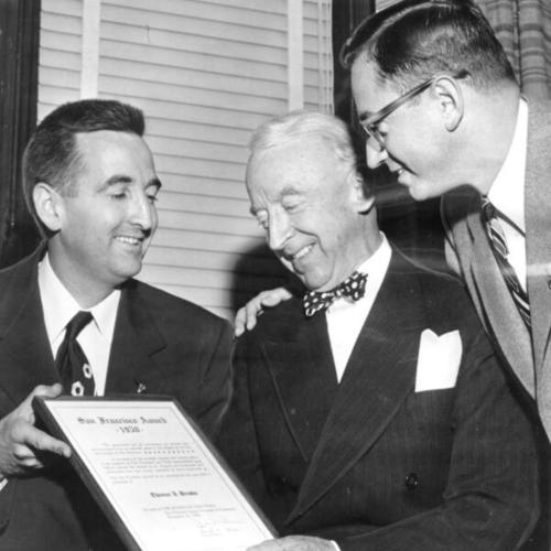 [Thomas A. Brooks receives the "San Francisco Award" of the Junior Chamber of Commerce for "exemplary service" to the city in 1950]