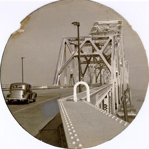 [View of cantilever section of Bay Bridge from tunnel on Yerba Buena Island prior to bridge opening]