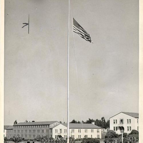 [Flagpole at the Presidio being lowered to half mast shortly after the death of President Roosevelt]