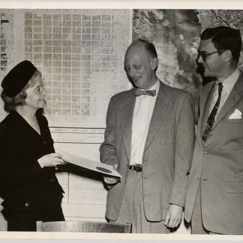 Mrs. Julia Porter, member of the San Francisco Planning Commission (left), Dennis O'Harrow (center), and Roger D. Lapham Jr., chairman of the local commission