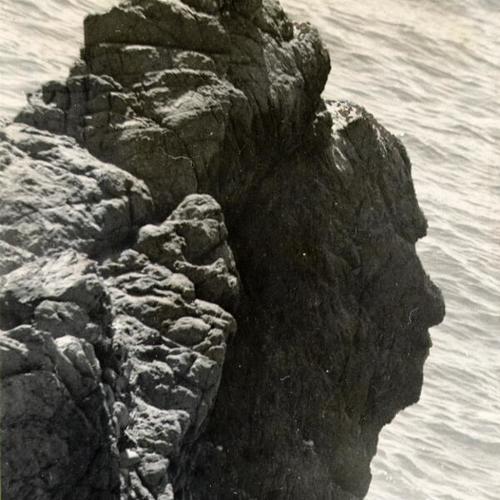 [Sphinx-like face carving made of rock near Lands End facing the Golden Gate]