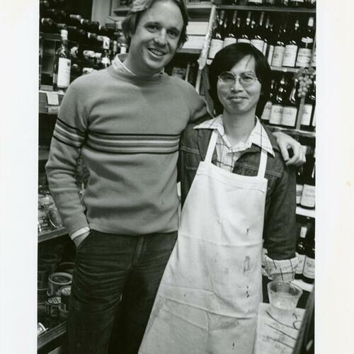[Armistead Maupin poses with store clerk Art Dong at Speedy's New Union Grocery, Union and Montgomery Streets]
