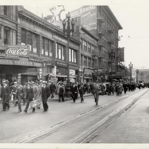 [View of crowd on Market Street after the general strike of 1934]
