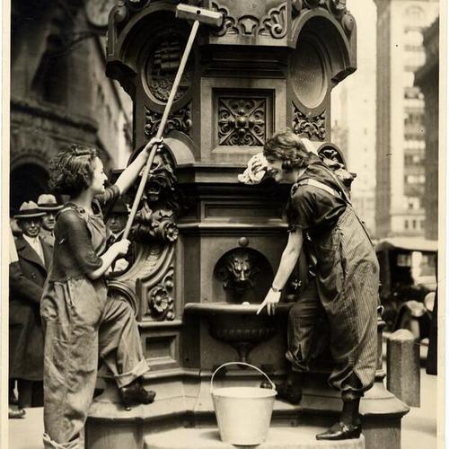 [Irma Allred and Elma Hammer cleaning Lotta's Fountain]
