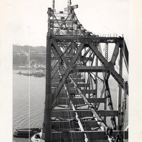 [Workers use catwalks during construction of cantilever section of Bay Bridge]