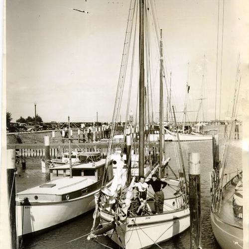 [Mr. and Mrs. Scott Newhall on the sailboat Mermaid at San Francisco Yacht Harbor]