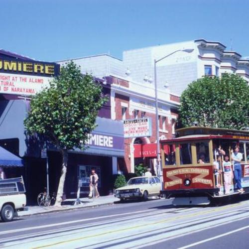 [Cable car in front of the Lumiere Theater on California Street]