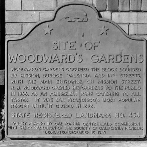 [Plaque which resides on the former site of Woodward's Gardens]