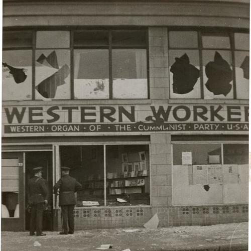 [Exterior of Western Worker Communist Headquarters after it was wrecked by a vigilante group]