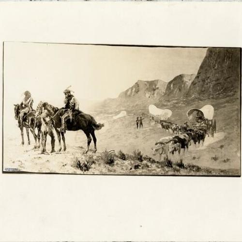 [Watercolor "Covered Wagons and Indian Scouts"]