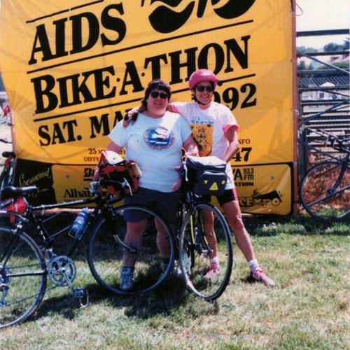 [Patty and Carol riding bikes for AIDS fundraiser]