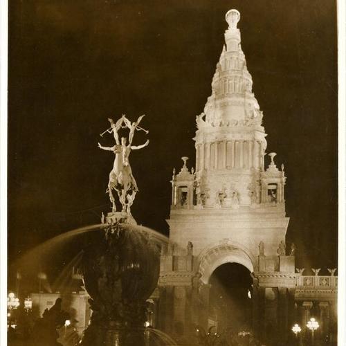 [View of the Fountain of Energy and Tower of Jewels at night, Panama-Pacific International Exposition]