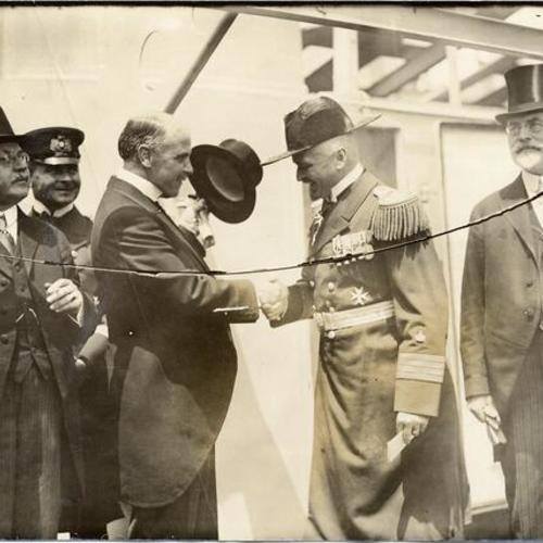 [Mayor James Rolph with German Consul on opening day of the Panama-Pacific International Exposition]