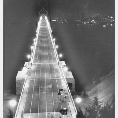 [Night view of San Francisco-Oakland Bay Bridge upper deck from Yerba Buena Island]