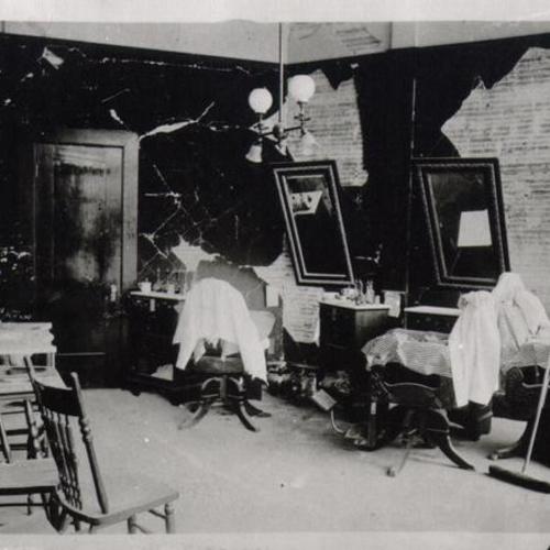  inside of a barber shop after the 1906 earthquake]