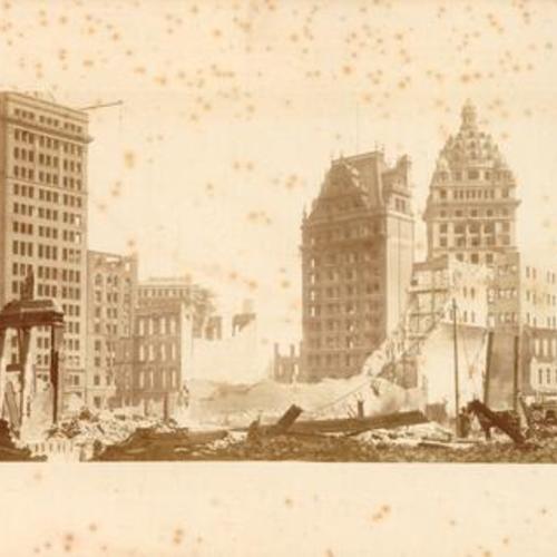 [View of ruins along "Newspaper Row" from the corner of Grant Avenue and Post streets]