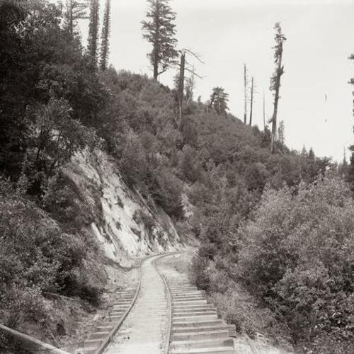 Railroad tracks running along hillside