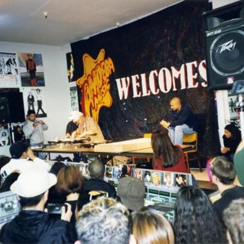 [DJ Cubert, DJ Yoga Frog – two of the members of the Invisibl Skratch at Amoeba records on Haight Street]