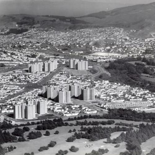 [Aerial view of Parkmerced apartment buildings]