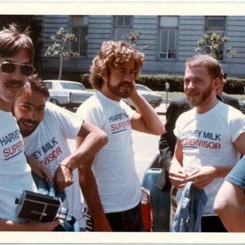 [Scott Smith (right) and others wearing "Harvey Milk Supervisor" shirts]