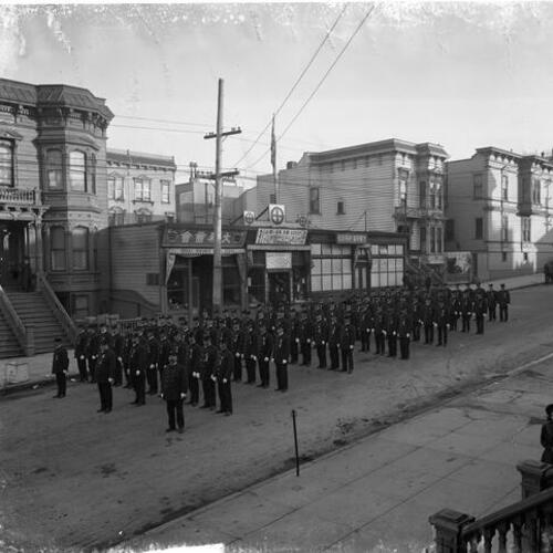 [San Francisco Police Department, firemen in formation on Post Street for Police Chief William Biggy's funeral]