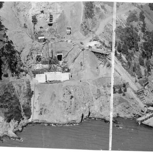 [Aerial view at west side of Yerba Buena Island bore tunnel under construction for San Francisco-Oakland Bay Bridge]