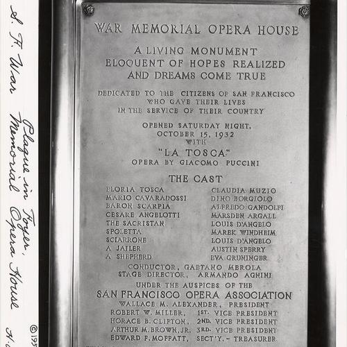 Plaque in Foyer, S. F. War Memorial Opera House