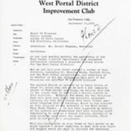Letter from the West Portal District Improvement Club,1935
