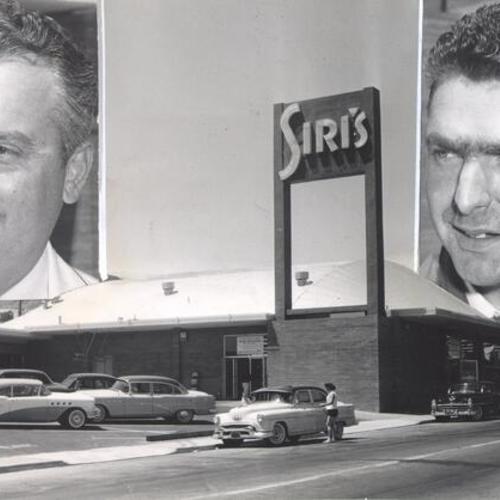 [Siri's Market at Hillside Boulevard and Linden Avenue in South San Francisco, with inset photos of head butcher Al Perruquet and manager Frank Meisenbach]