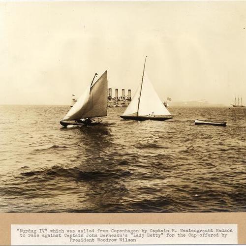"Nurdug IV" which was sailed from Copenhagen by Captain H. Menlengracht Madson to race against Captain John Barneson's "Lady Betty" for the Cup offered by President Woodrow Wilson
