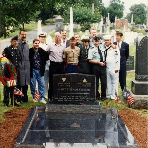 [Cliff Anchor and others in front of memorial for Sgt. Leonard Matlovich, USAF]