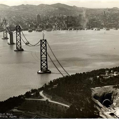 [Aerial view of section of San Francisco-Oakland Bay Bridge under construction between San Francisco and Yerba Buena Island]