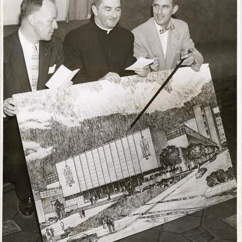 [Three unidentified men holding an architect's sketch for a proposed gymnasium at the University of San Francisco]