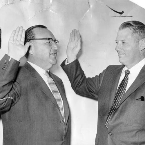 [Attorney General Edmund G. (Pat) Brown (left) and Norman Elkington]