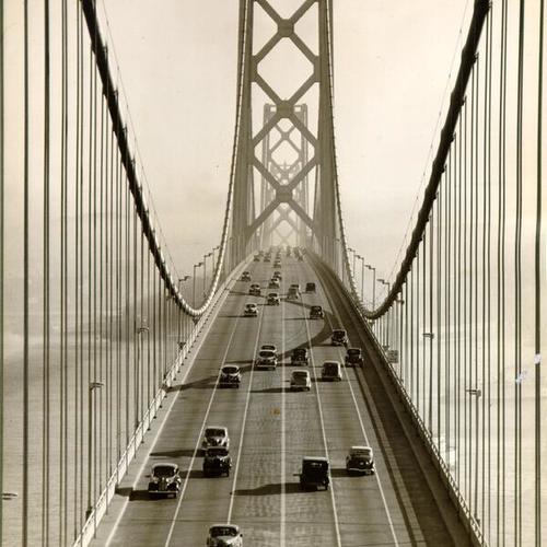 [View of traffic on upper deck of San Francisco-Oakland Bay Bridge]