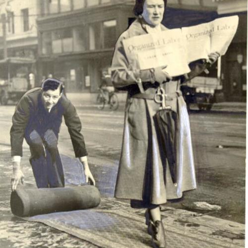 [Man rolling out a carpet on Kearny Street as a woman with Organized Labor newspaper walks past]