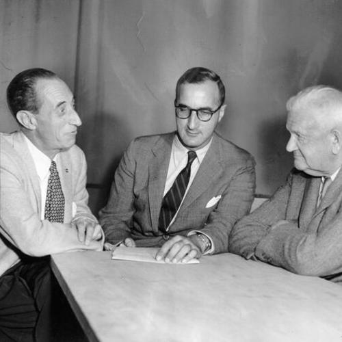 [Harry Bridges, Roger Boas, and Roger D. Lapham prepare for a debate on KQED]