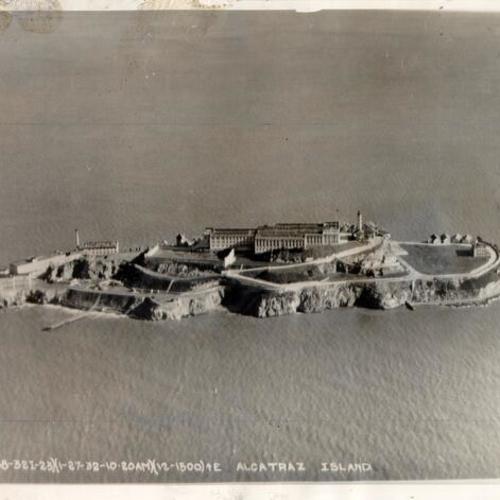 [Aerial view of Alcatraz Island, looking east]