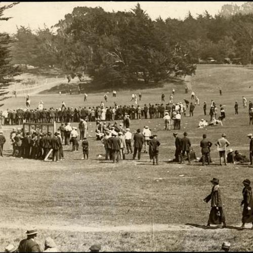 [Spectators and participants at baseball game at Big Rec in Golden Gate Park]